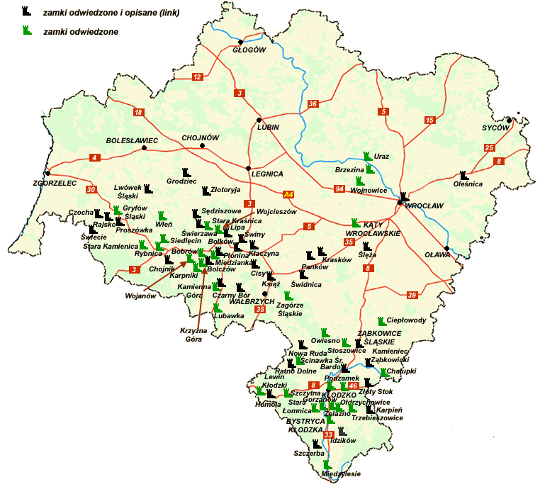 Mapa zamków województwa dolnośląskiego